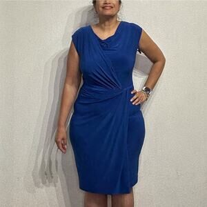 Lauren Ralph Lauren Blue Faux Wrap Ruched Side Slit Midi Dress Sz 8